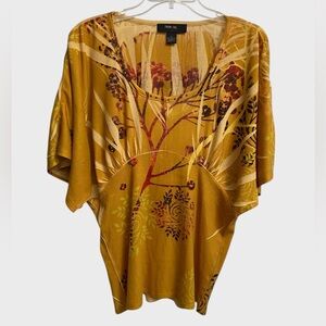 Style & Co. Kimono Sleeves Floral Top XL Mustard Yellow Boho Artsy Early 2000's